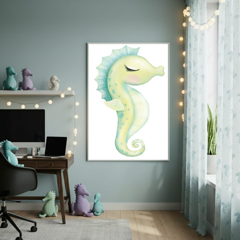 Quadro Decorativo Cavalo Marinho Verde - 70x50cm