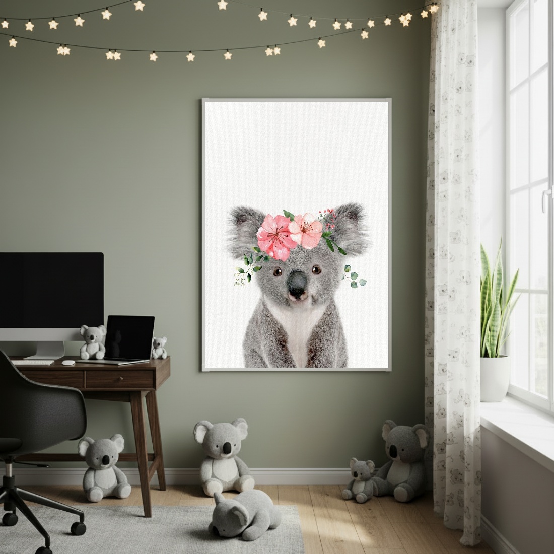 Quadro Decorativo Coala Com Flores - 70x50cm