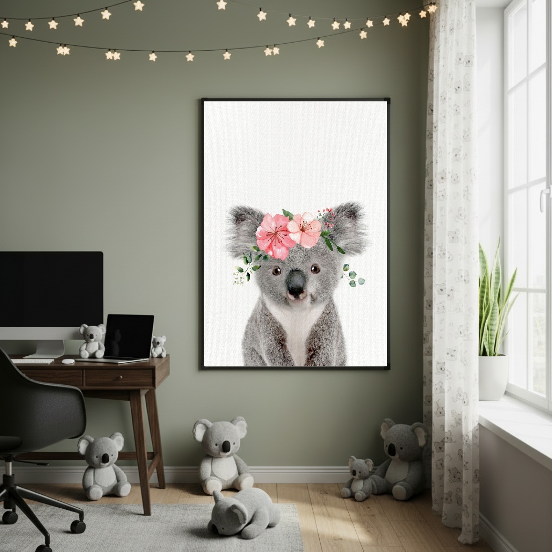 Quadro Decorativo Coala Com Flores - 70x50cm
