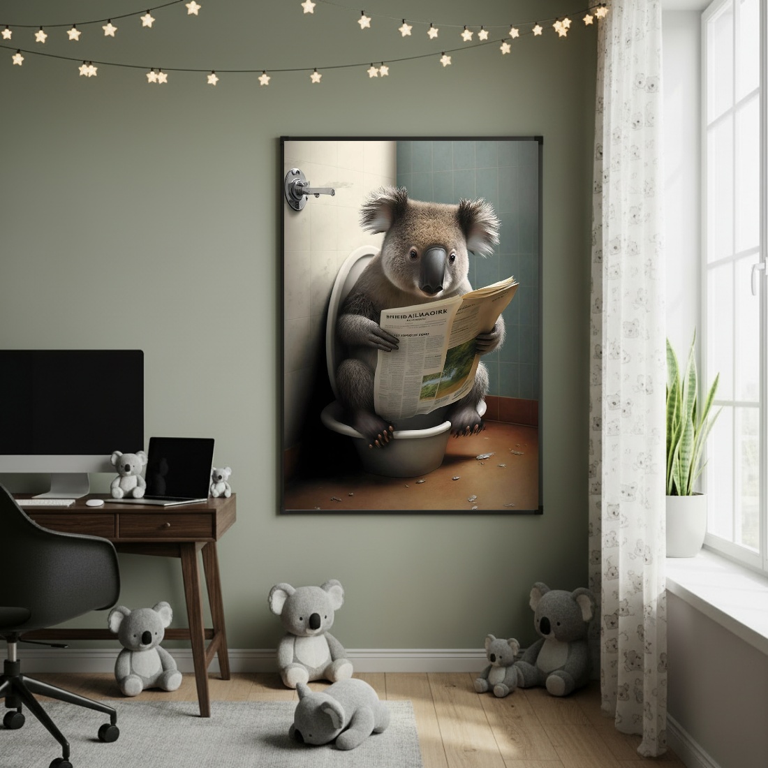 Quadro Decorativo Coala Lendo Jornal - 70x50cm