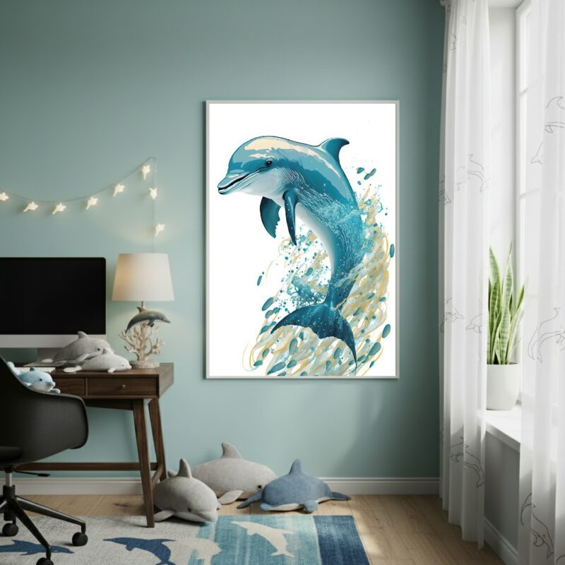 Quadro Decorativo Golfinho Azul Aquarela - 70x50cm