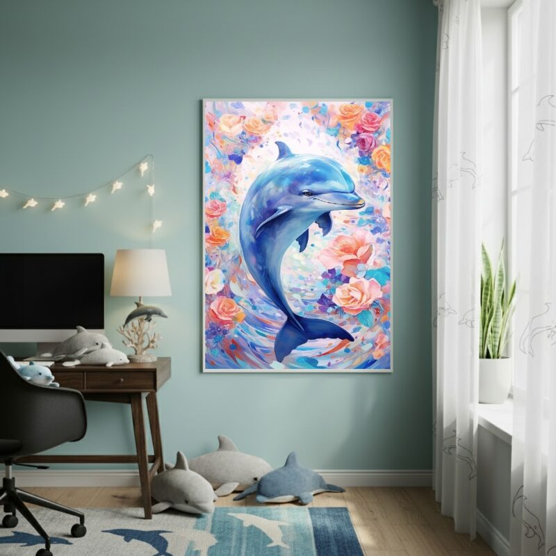 Quadro Decorativo Golfinho Com Rosas - 70x50cm
