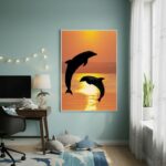 Quadro Decorativo Golfinhos Ao Pôr Do Sol - 70x50cm