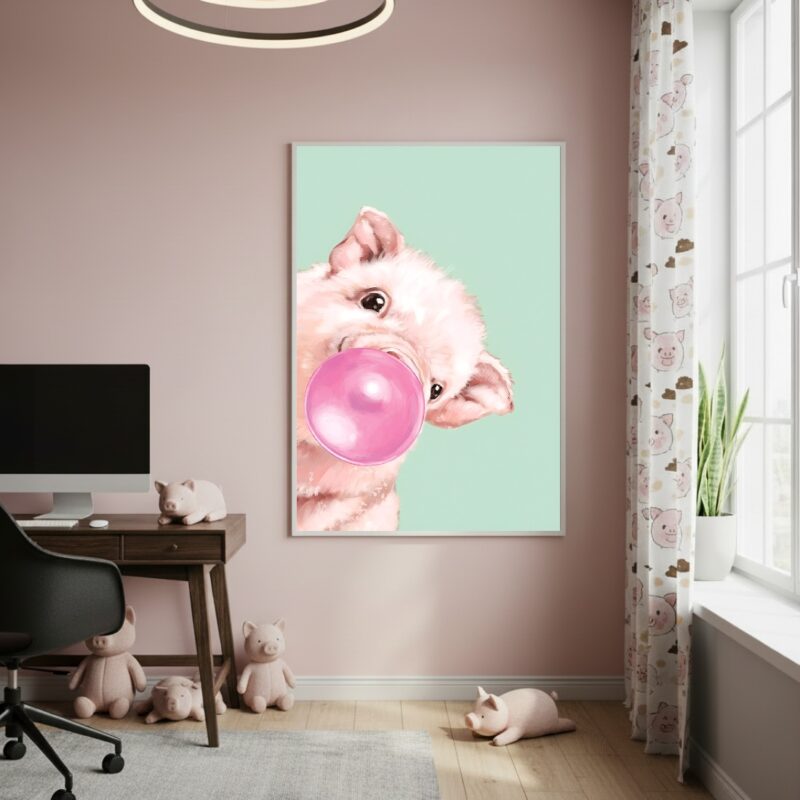 Quadro Decorativo Porco Bubble Gum - 70x50cm