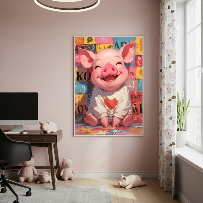 Quadro Decorativo Porco Camisa Coração - 70x50cm