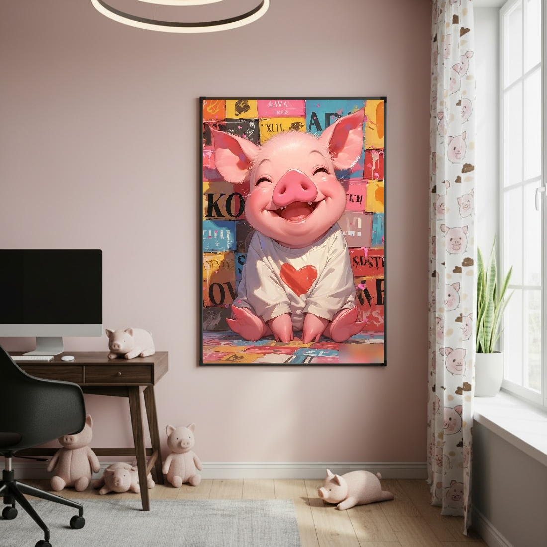 Quadro Decorativo Porco Camisa Coração - 70x50cm