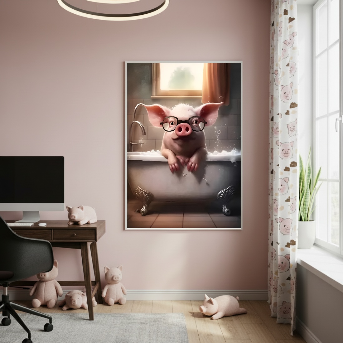 Quadro Decorativo Porco Com Óculos No Banho - 70x50cm