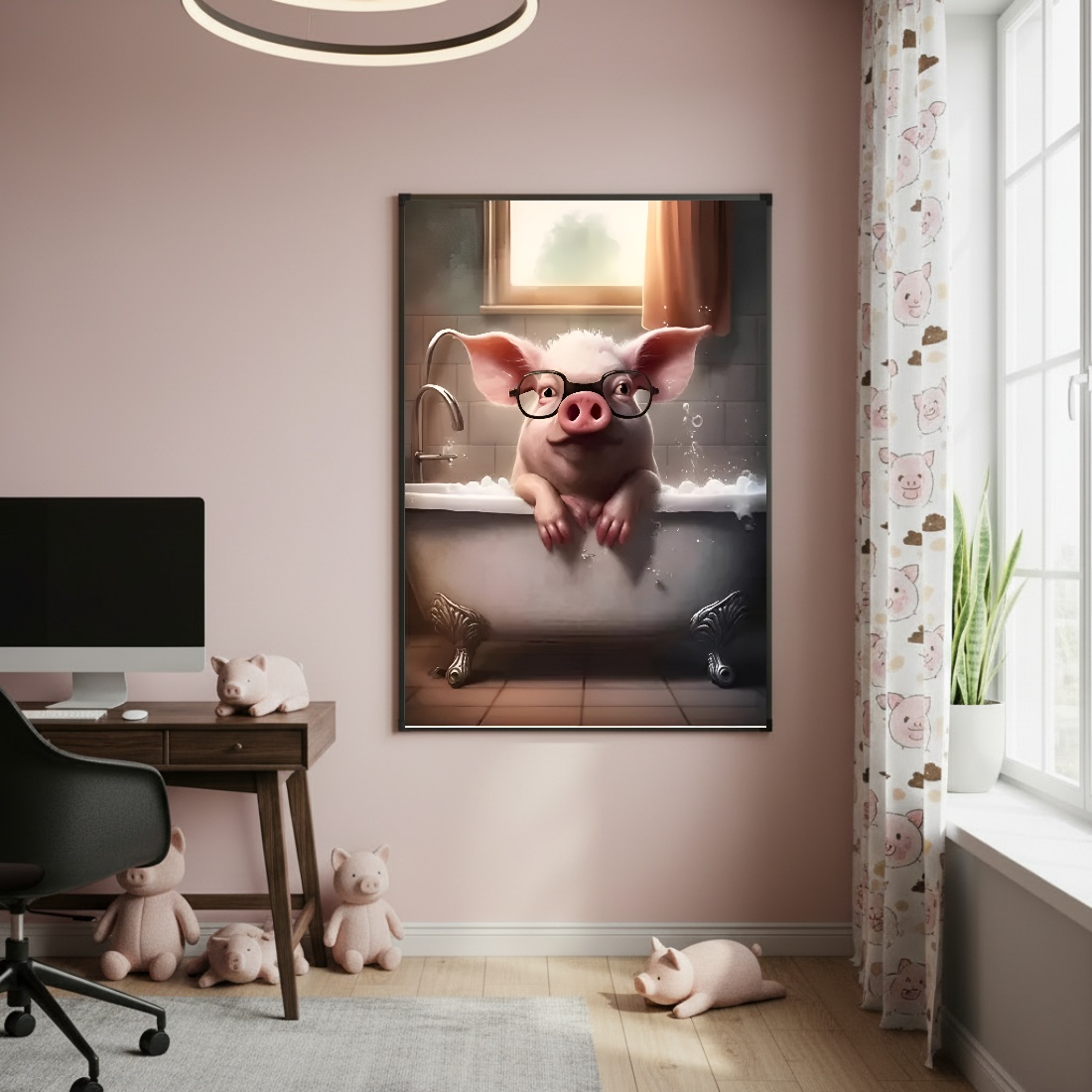 Quadro Decorativo Porco Com Óculos No Banho - 70x50cm