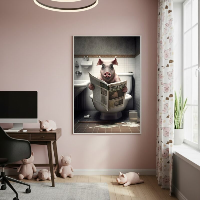 Quadro Decorativo Porco Lendo Jornal - 70x50cm