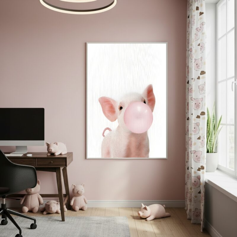Quadro Decorativo Porquinho Bubble Gum - 70x50cm