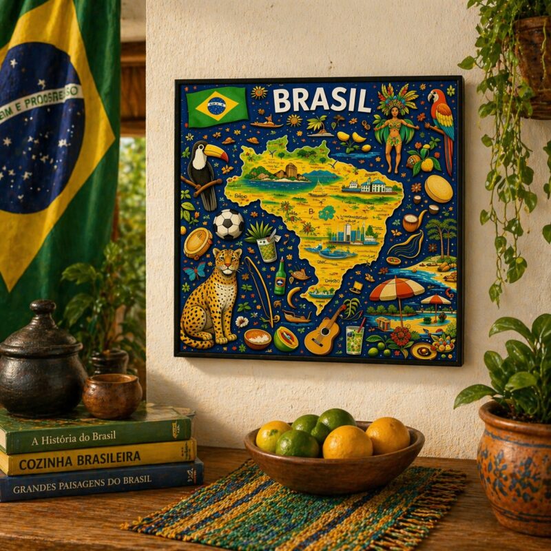 Quadro Brasil - ícones Mapa - 33x33 Cm