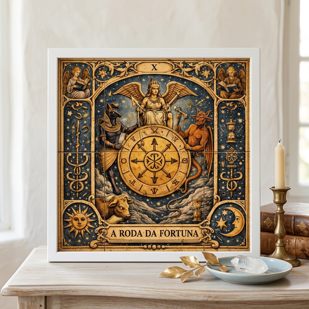 Quadro Carta Tarot - A Roda da Fortuna - 33x33 Cm