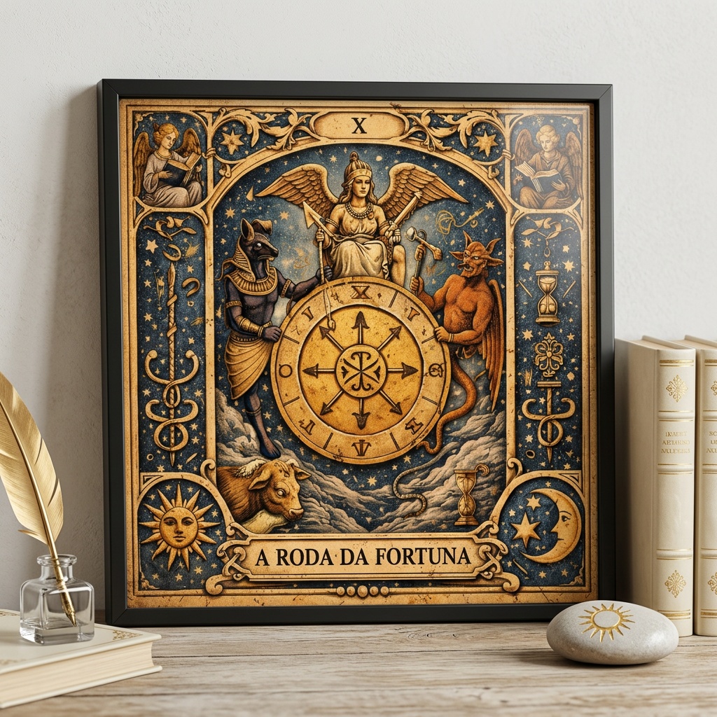 Quadro Carta Tarot - A Roda da Fortuna - 33x33 Cm