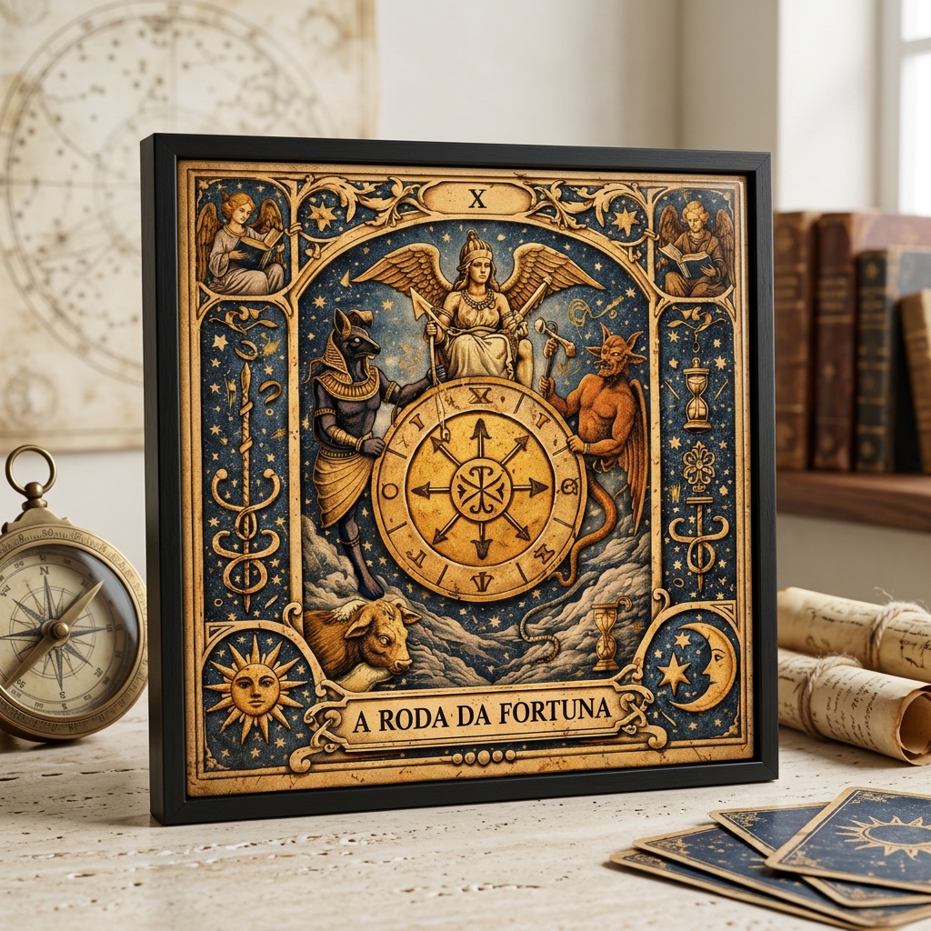 Quadro Carta Tarot - A Roda da Fortuna - 33x33 Cm