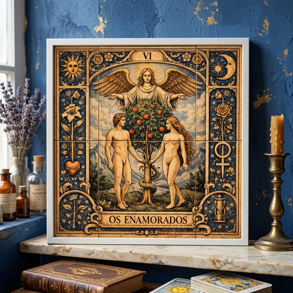 Quadro Carta Tarot - Os Enamorados - 33x33 Cm