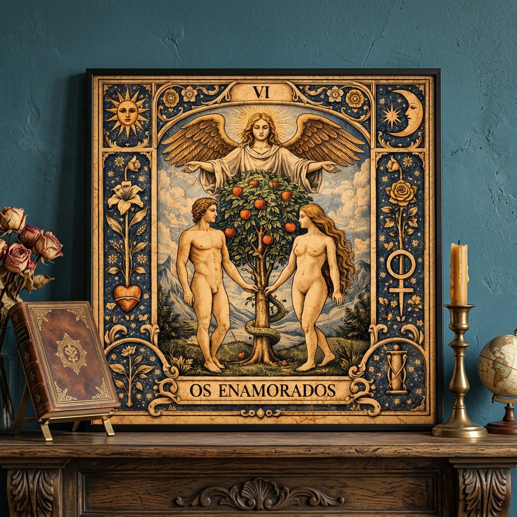 Quadro Carta Tarot - Os Enamorados - 33x33 Cm
