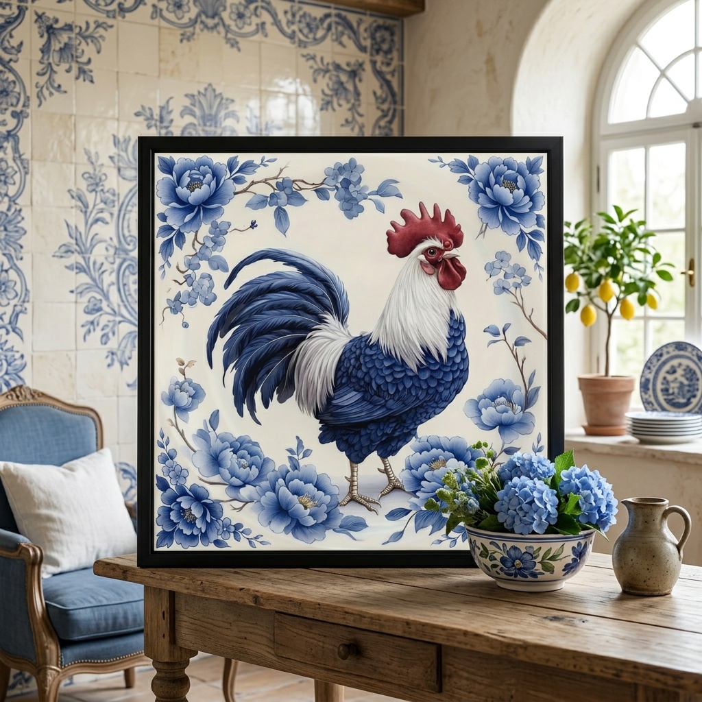 Quadro Galo Com Flores - 33x33 Cm