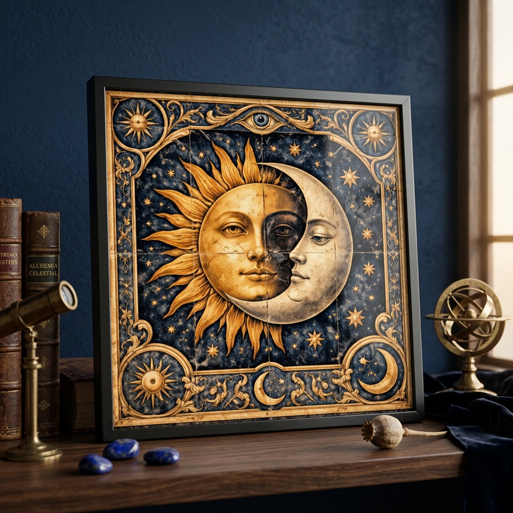 Quadro Místico Sol e Lua - 33x33 Cm