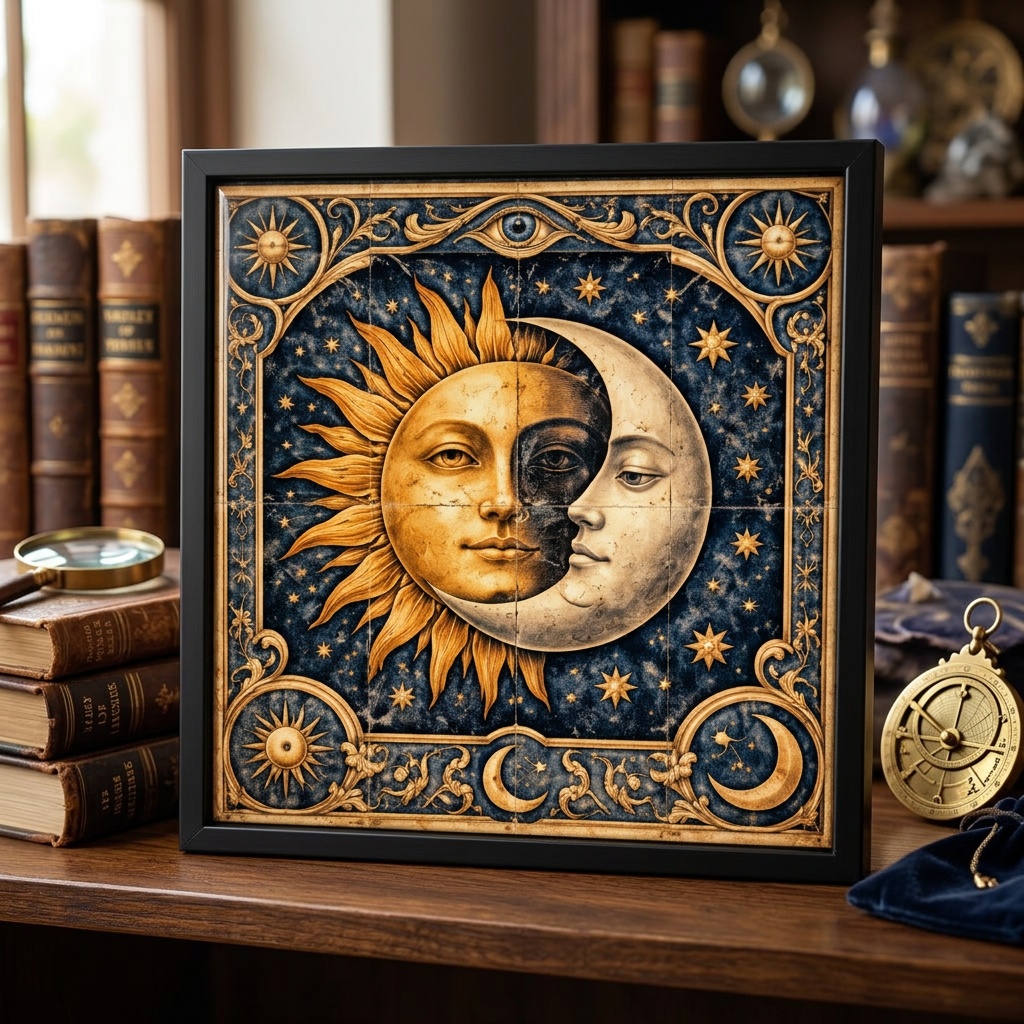 Quadro Místico Sol e Lua - 33x33 Cm