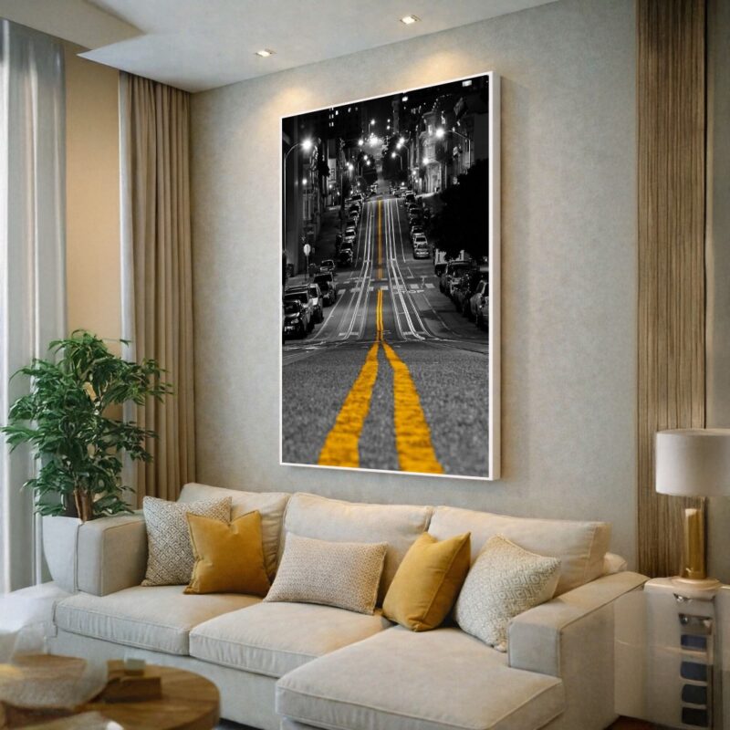Quadro Canvas Cidade Preto Branco e Amarelo