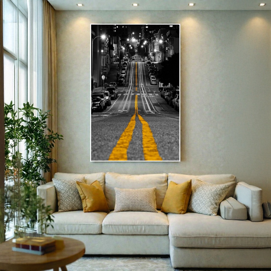 Quadro Canvas Cidade Preto Branco e Amarelo