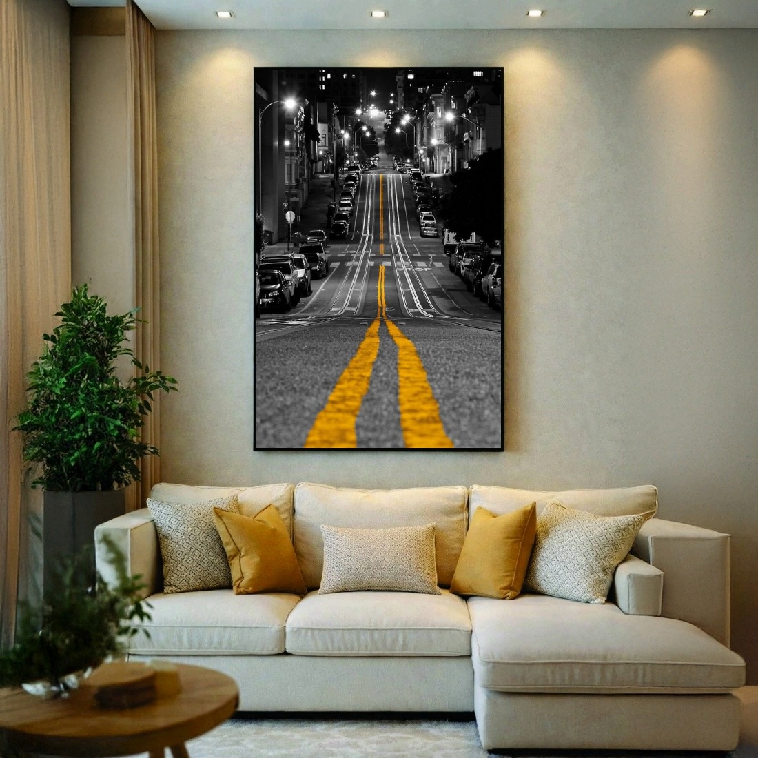 Quadro Canvas Cidade Preto Branco e Amarelo
