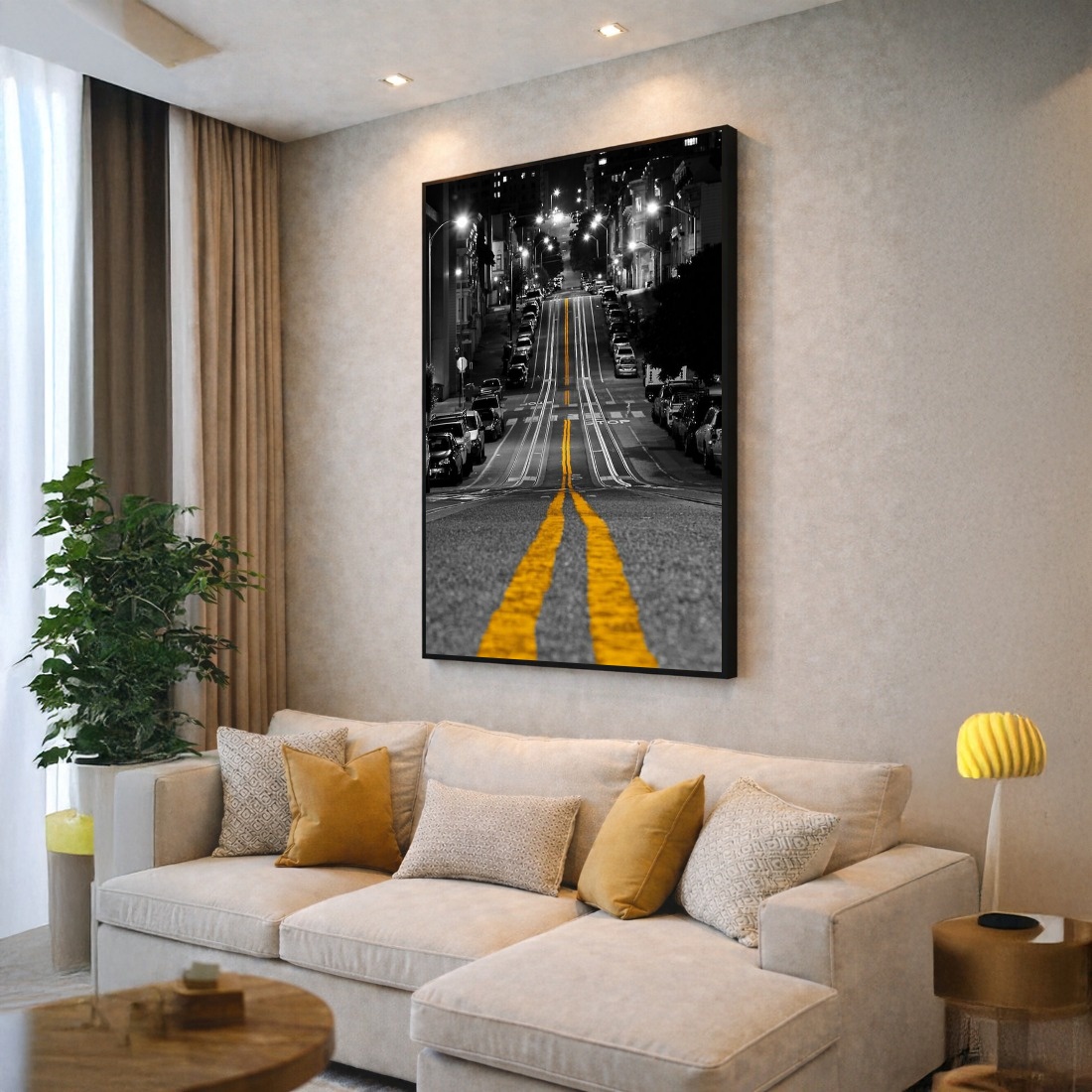 Quadro Canvas Cidade Preto Branco e Amarelo