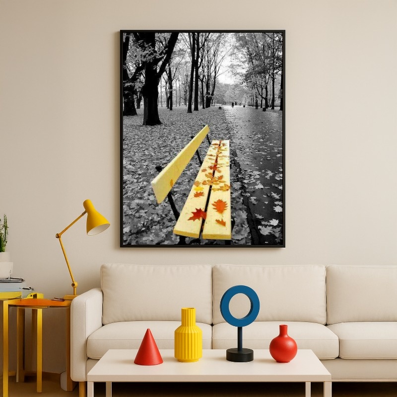 Quadro Canvas Praça Preto Branco e Amarelo