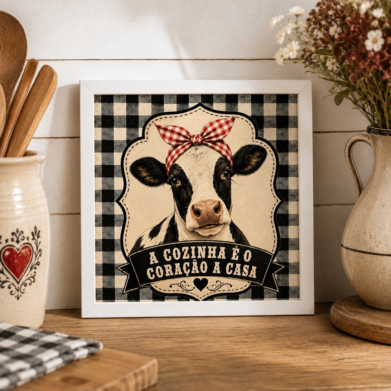 Quadro Country Cozinha Coração Casa - 33x33 Cm