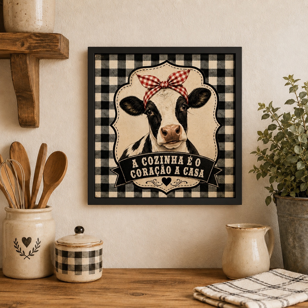 Quadro Country Cozinha Coração Casa - 33x33 Cm