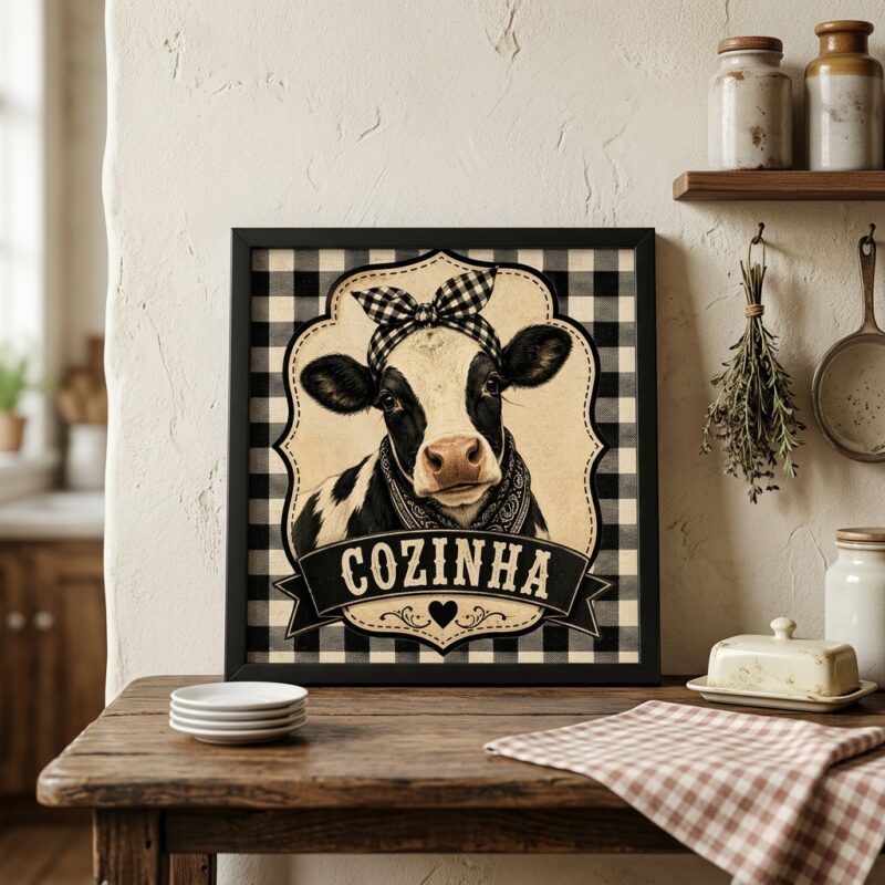 Quadro Cozinha Country Vaquinha - 33x33 Cm