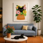 Quadro Canvas Black Cat Flowers Art