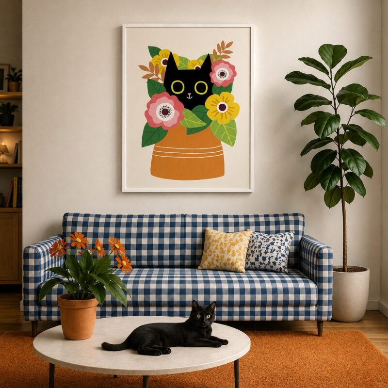 Quadro Canvas Black Cat Flowers Art