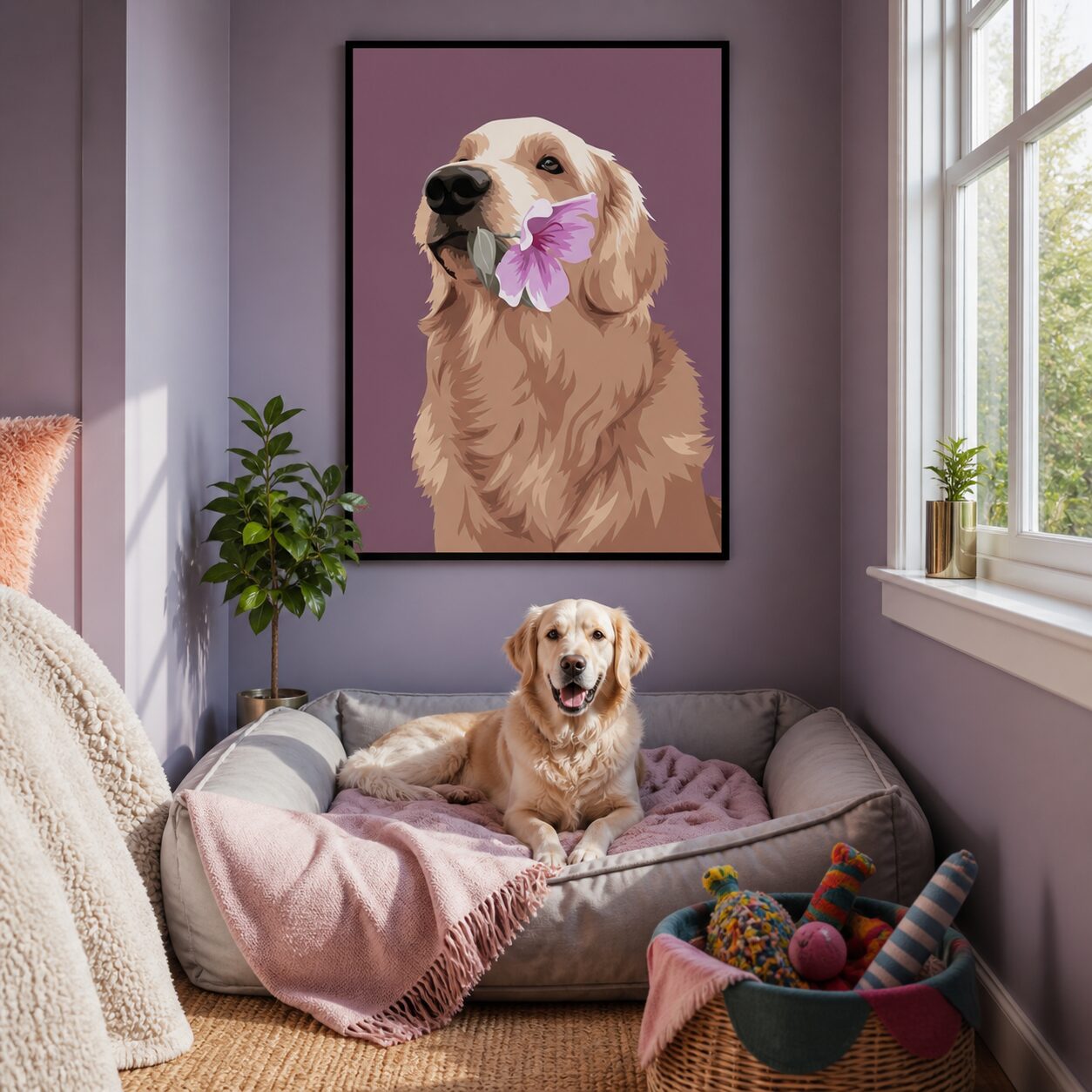 Quadro Canvas Cachorro Com Flor
