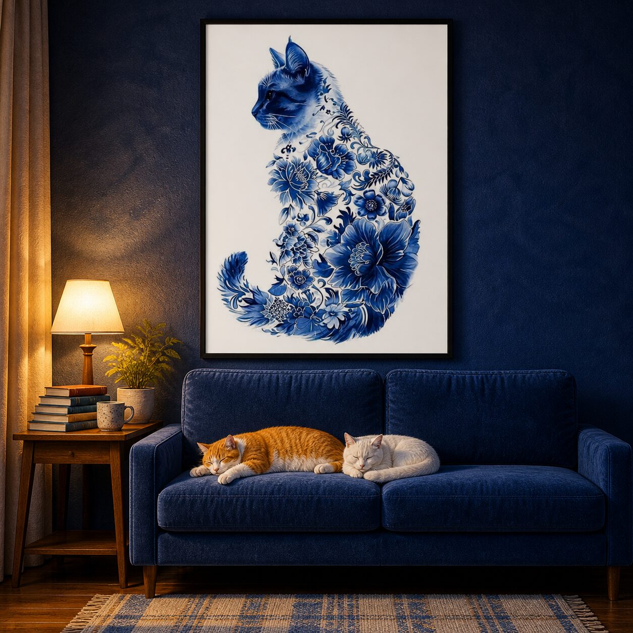 Quadro Canvas Gato Florais Azuis