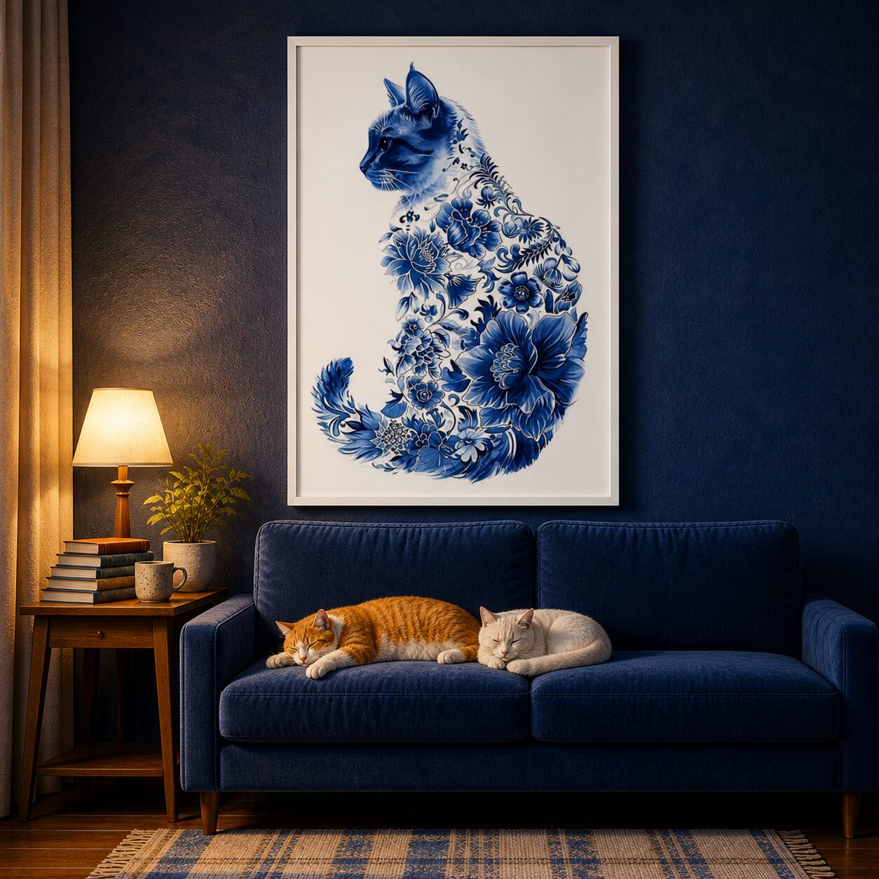 Quadro Canvas Gato Florais Azuis