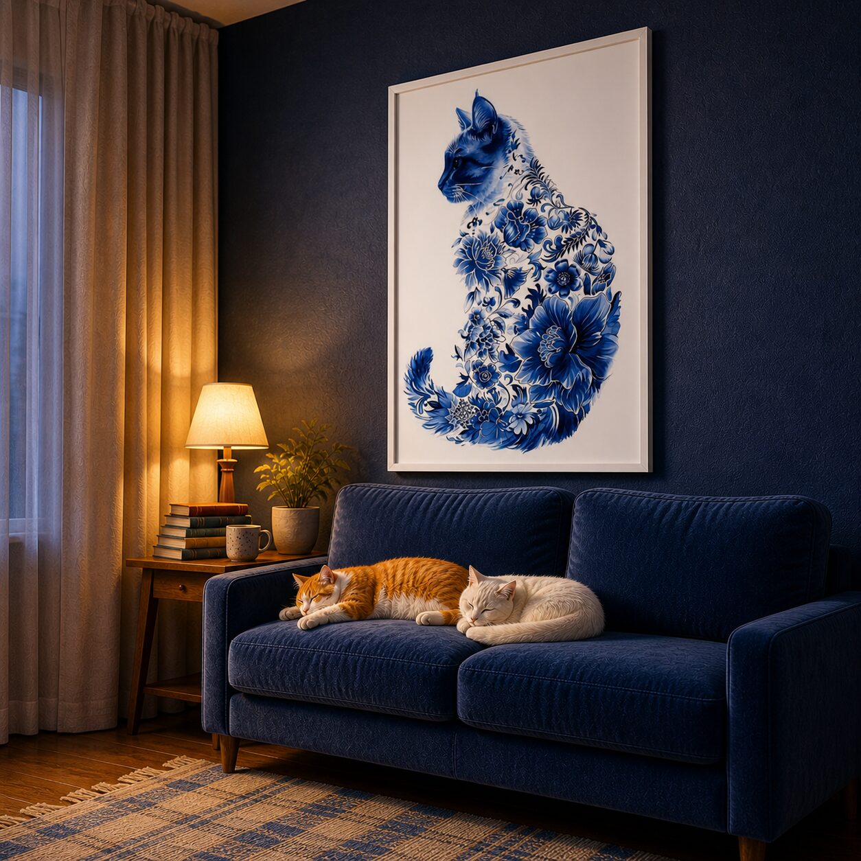 Quadro Canvas Gato Florais Azuis