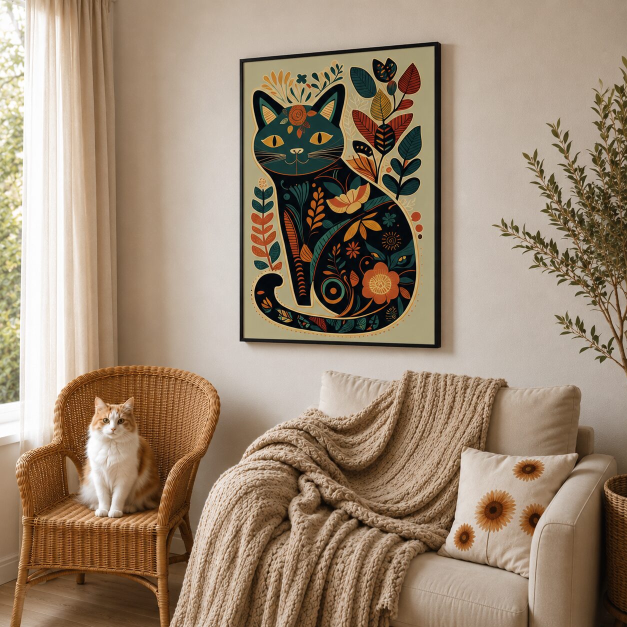 Quadro Canvas Gato Floral Folk Art