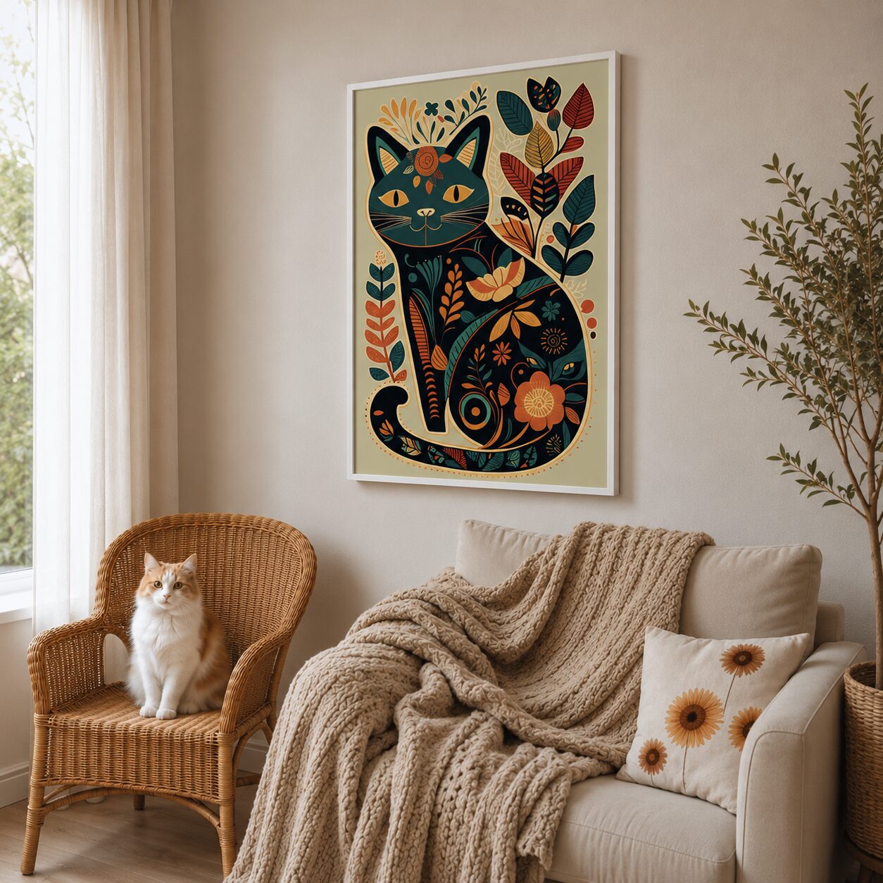 Quadro Canvas Gato Floral Folk Art