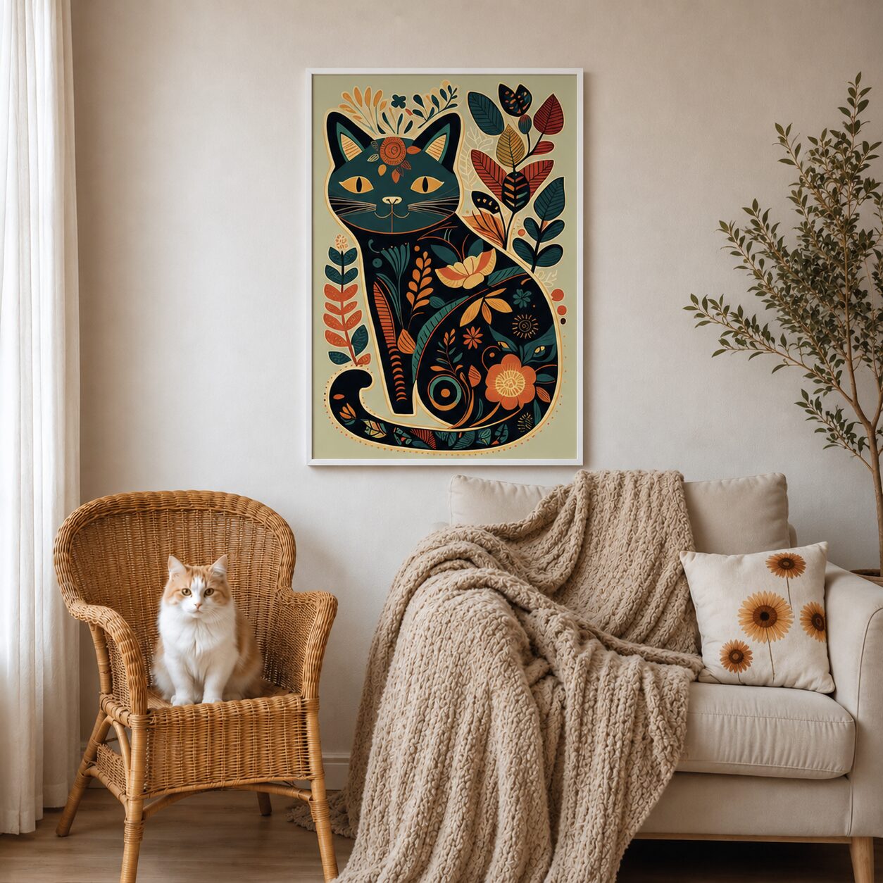 Quadro Canvas Gato Floral Folk Art
