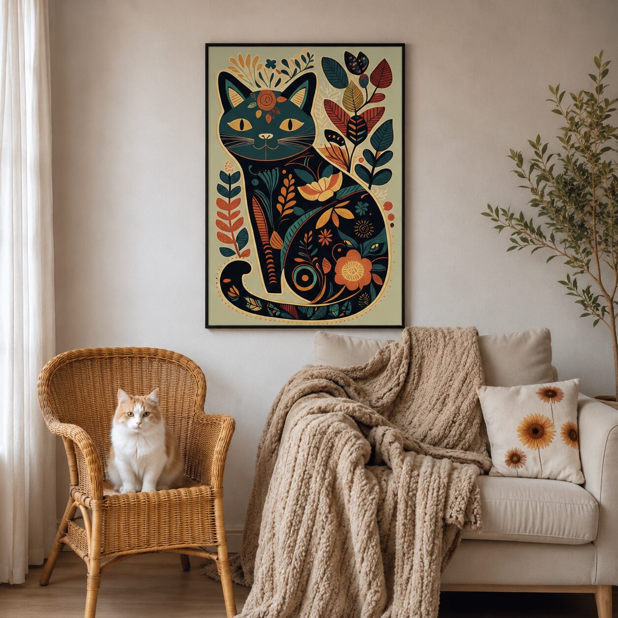 Quadro Canvas Gato Floral Folk Art