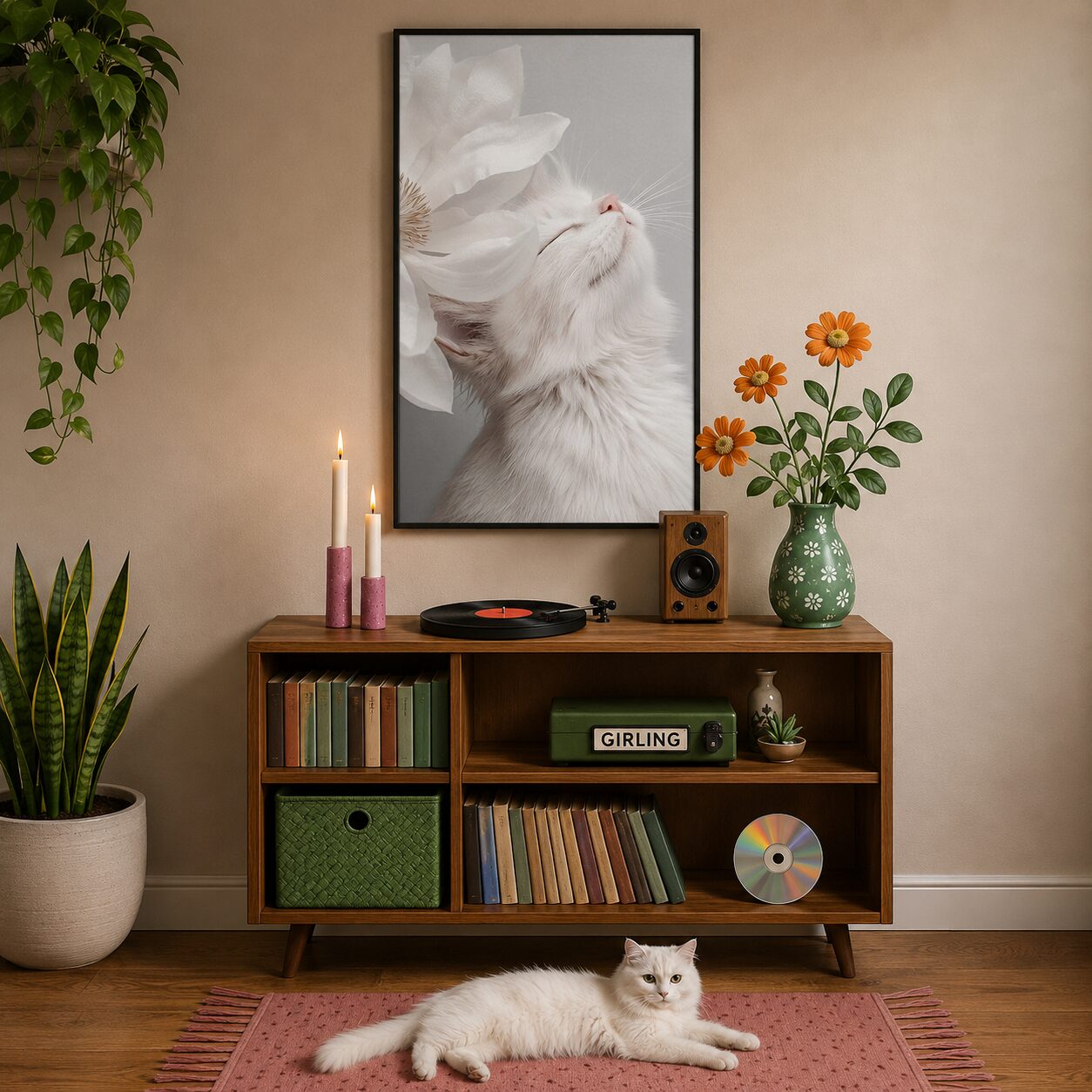 Quadro Canvas White Cat And Flower