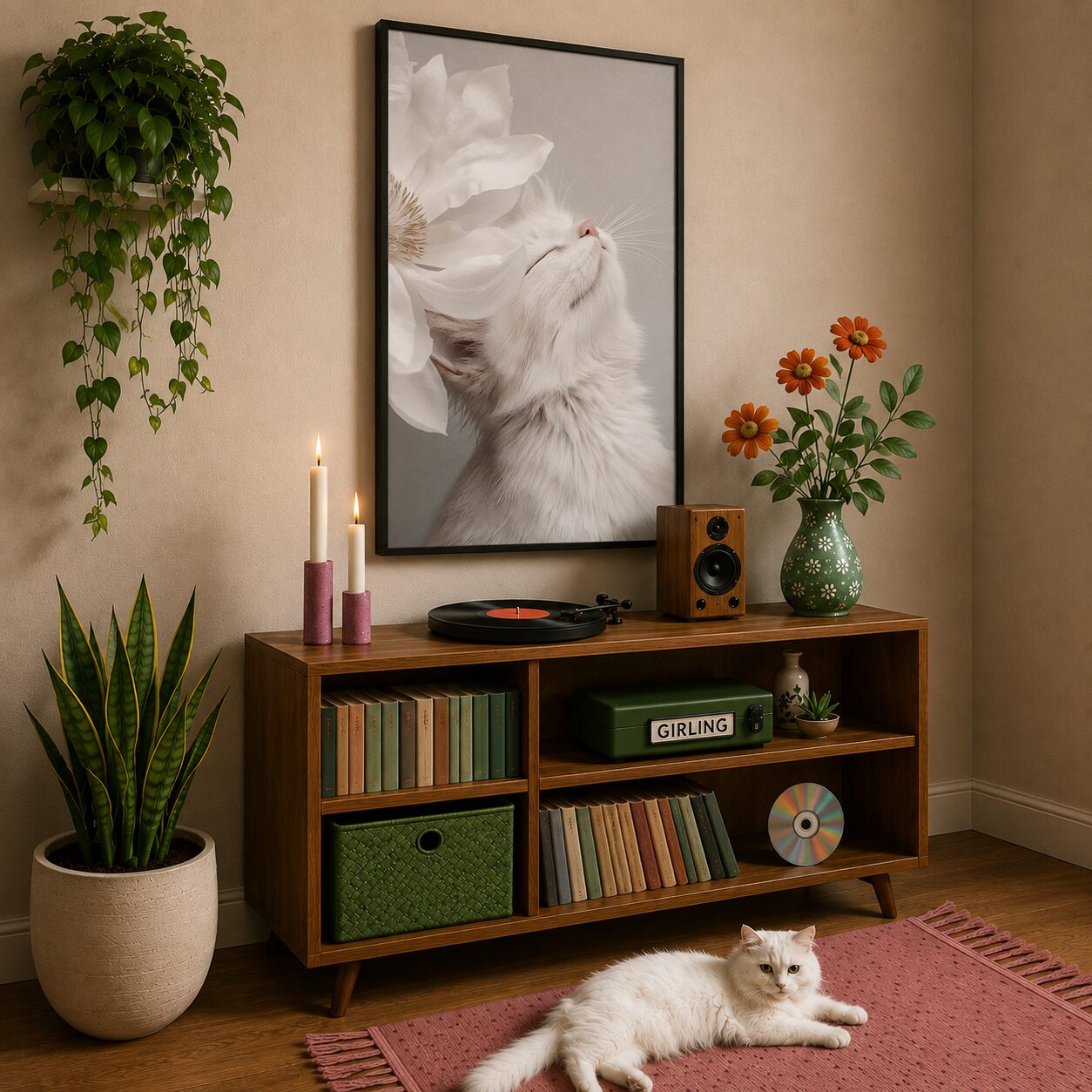 Quadro Canvas White Cat And Flower