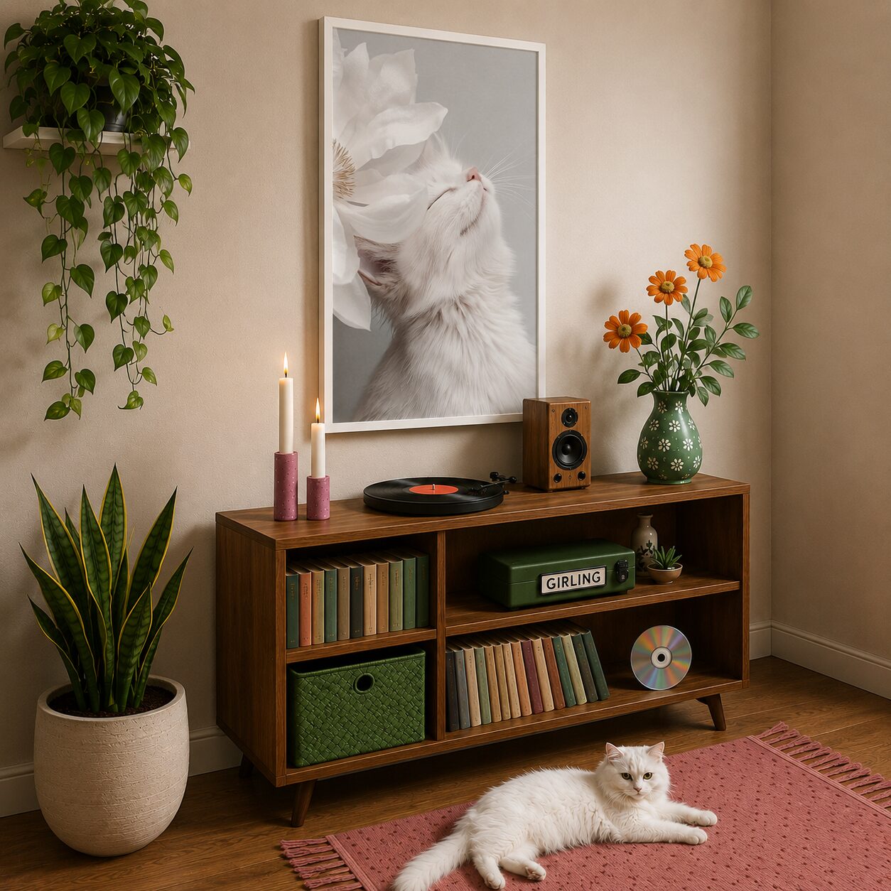 Quadro Canvas White Cat And Flower