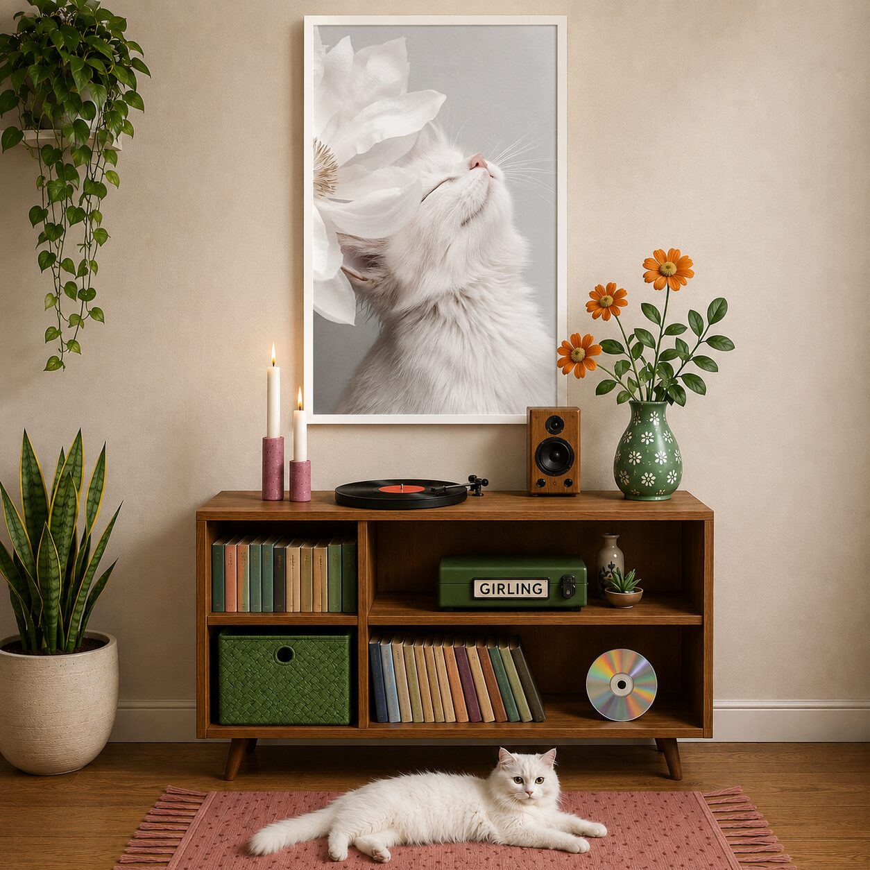 Quadro Canvas White Cat And Flower