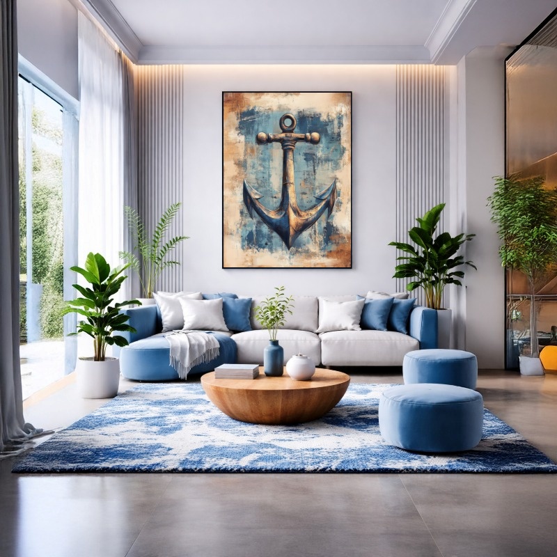 Quadro Canvas Âncora Desenho Rústico Azul