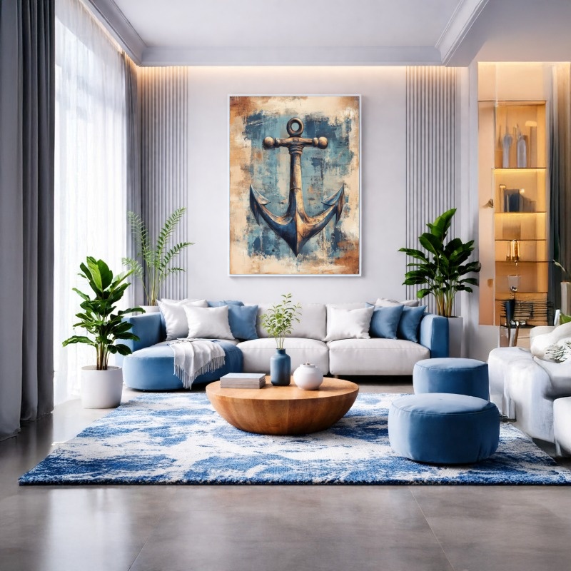 Quadro Canvas Âncora Desenho Rústico Azul