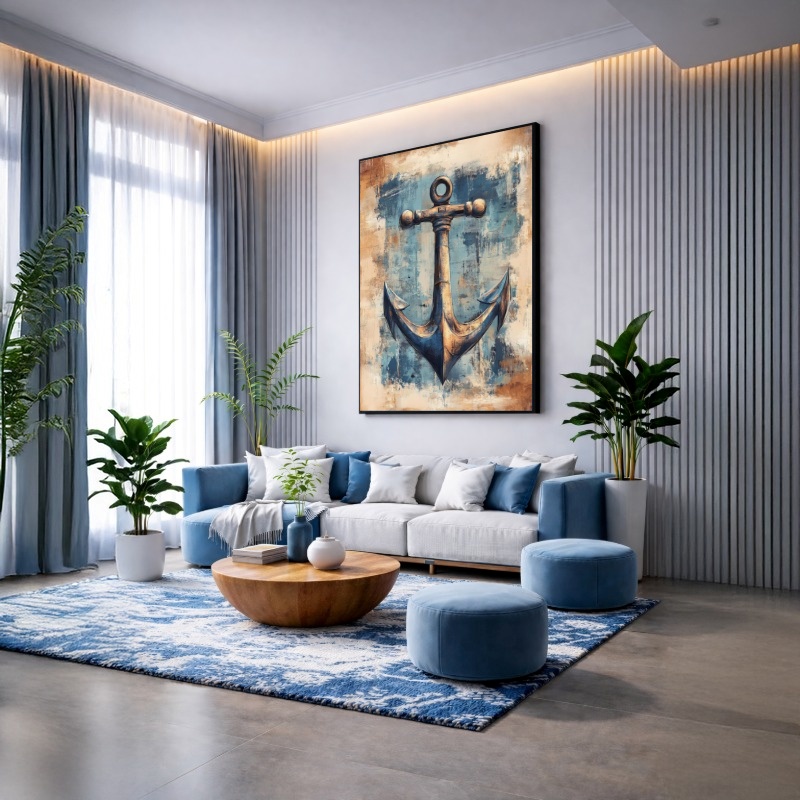 Quadro Canvas Âncora Desenho Rústico Azul