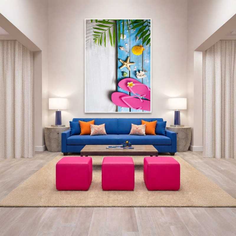Quadro Canvas Chinelo Praia Rosa Azul