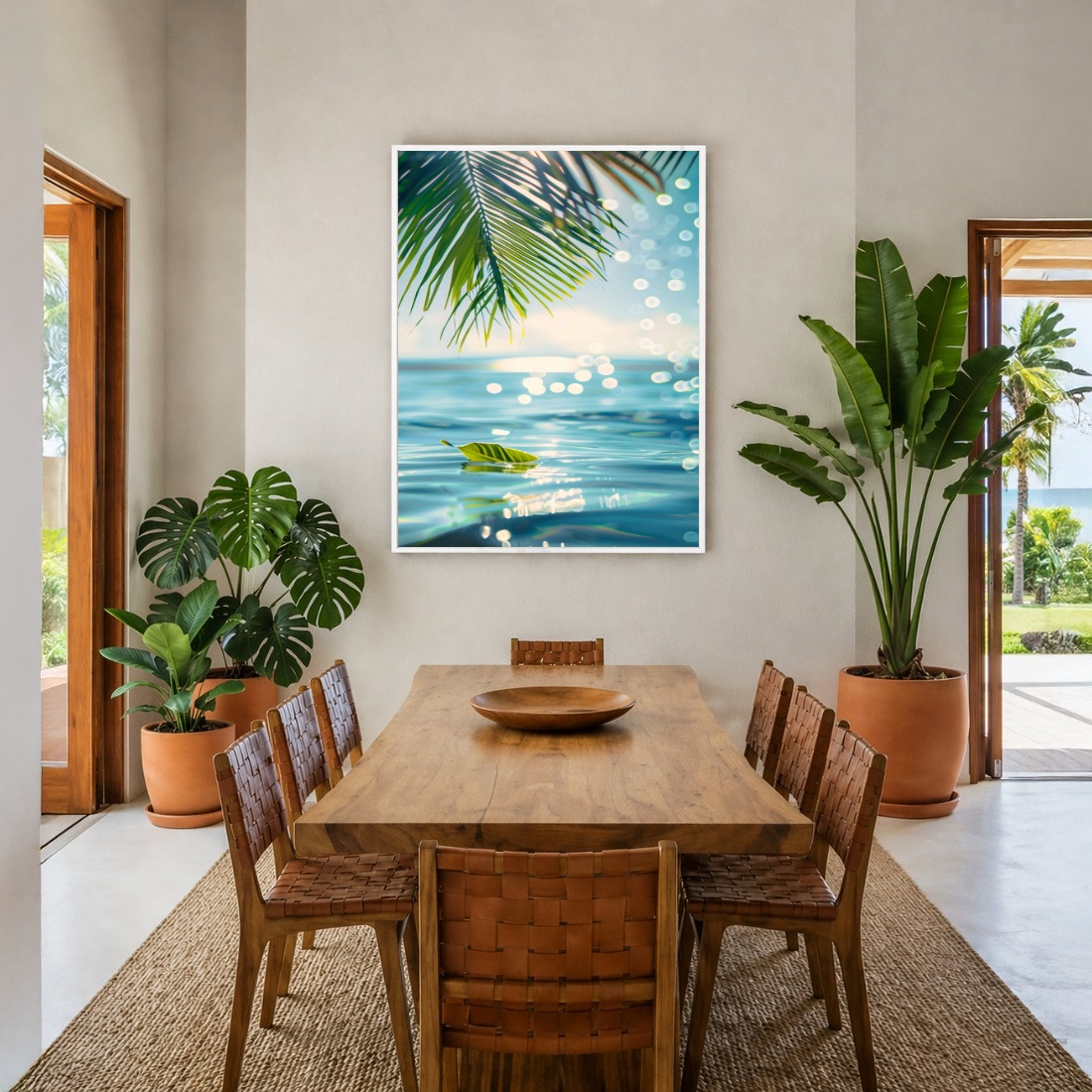 Quadro Canvas Desenho Mar Palmeiras Azul